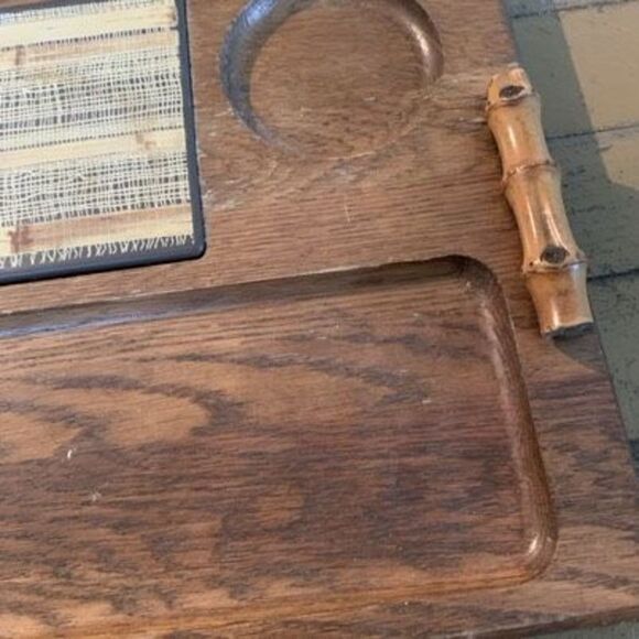 Vintage 1970’s Divided Wood Serving Tray With Hot Plate & Bamboo Handles - Picture 3 of 5